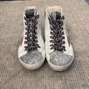 White and Silver Glitter Hightop Sneakers
